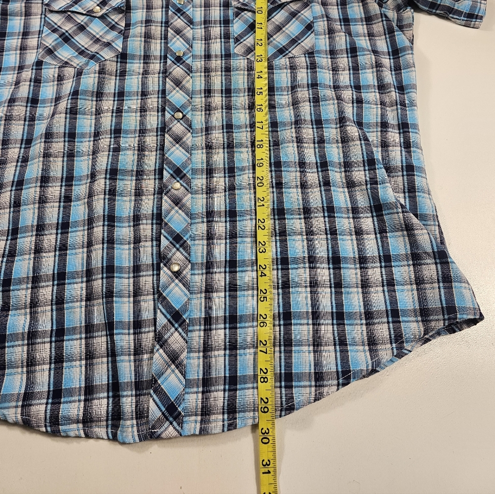 Wrangler Wrancher Pearl Snap Men XL Shirt Short Sleeve Aqua Blue Plaid Western - Picture 3 of 6